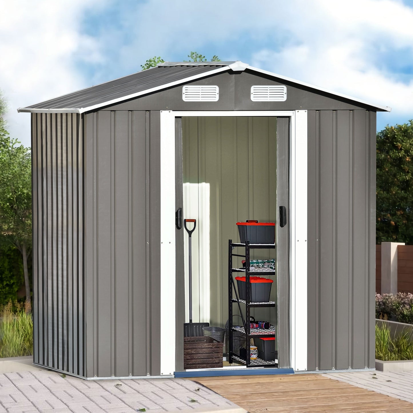 6 x 4 FT Sheds and Outdoor Storage, Metal Storage Shed with Single Lockable Door for Lawnmower, Garden Tools, Bike and Garbage Can, Black Outdoor Storage Cabinet