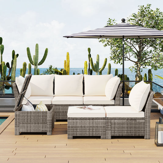 Gray Rattan Outdoor Conversation Set, SESSLIFE 6-Piece Sectional Sofa Set with Sofa, Chairs and Ottomans, Patio Couches Sets for Porch Garden Balcony