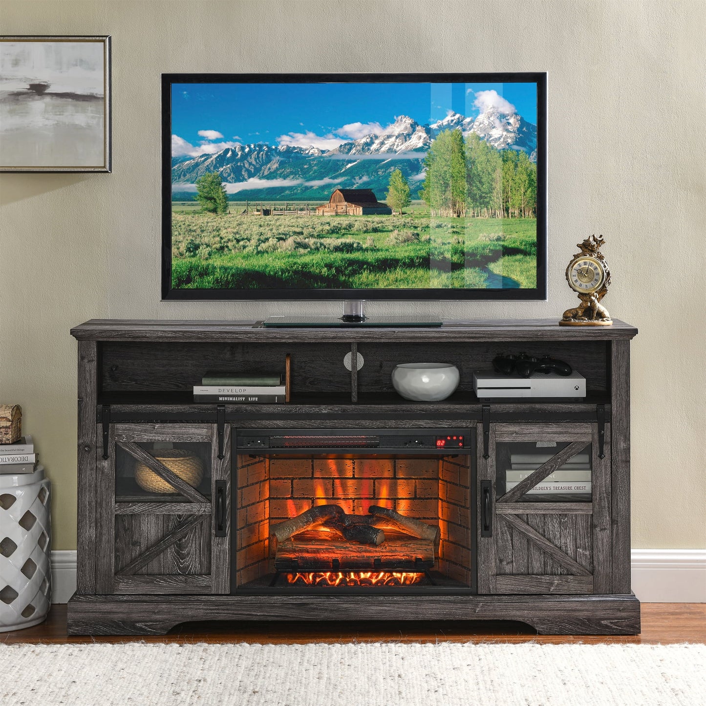 Gray Electric Fireplace Heater TV Stand for TVs Up to 70", 60 Inch TV Cabinet, Rustic Wood Fake Fireplace Entertainment Center for Living Room Bedroom