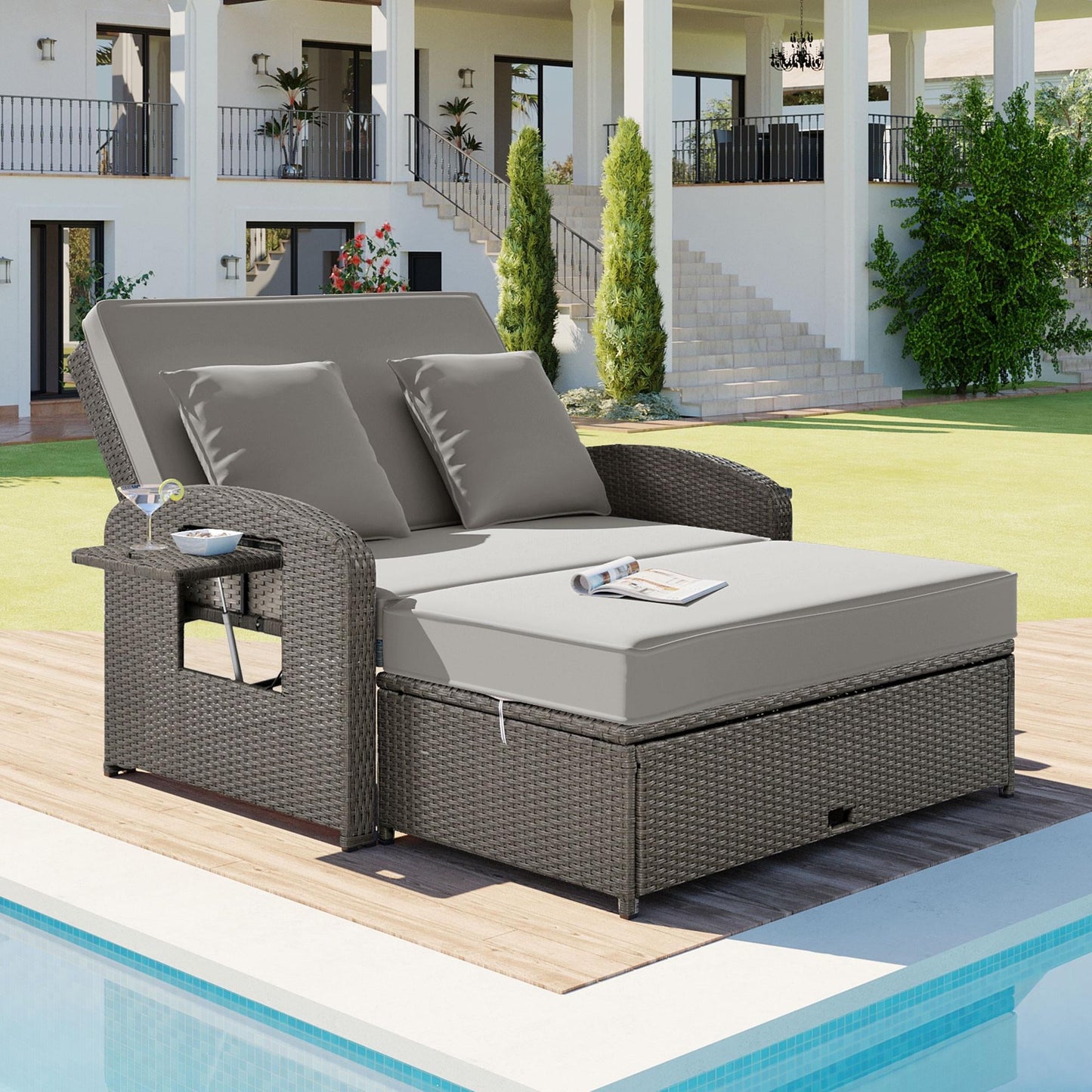 Rattan Double Chaise Lounge, 2-Person Reclining Outdoor Daybed with Adjustable Back, Cushions and Furniture Cover, Wicker Furniture,Patio Seating Set for Backyard Poolside Deck