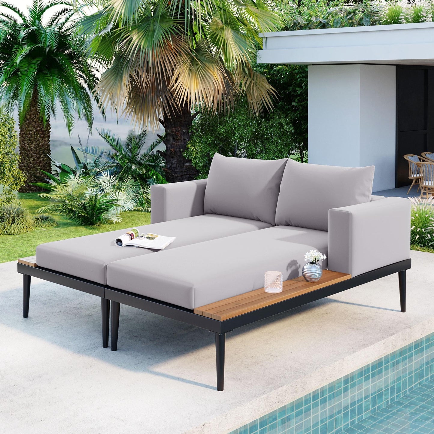 Metal Outdoor Daybed, 2 in 1 Padded Double Chaise Lounge Set with Wood Topped Side Spaces, Patio Sunbed Seating Set