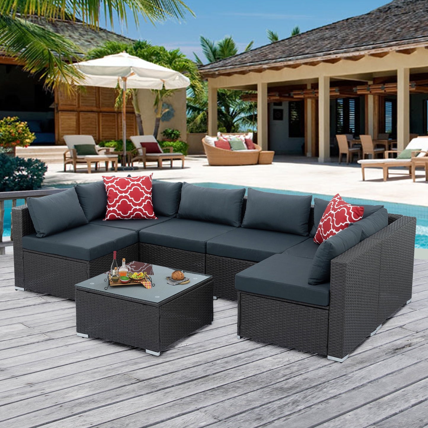 7 Pcs Patio Couch Sets, Black Rattan Outdoor Sectional Furniture with Navy Blue Cushions and Coffee Table, Patio Seating Sets for Garden Deck Backyard