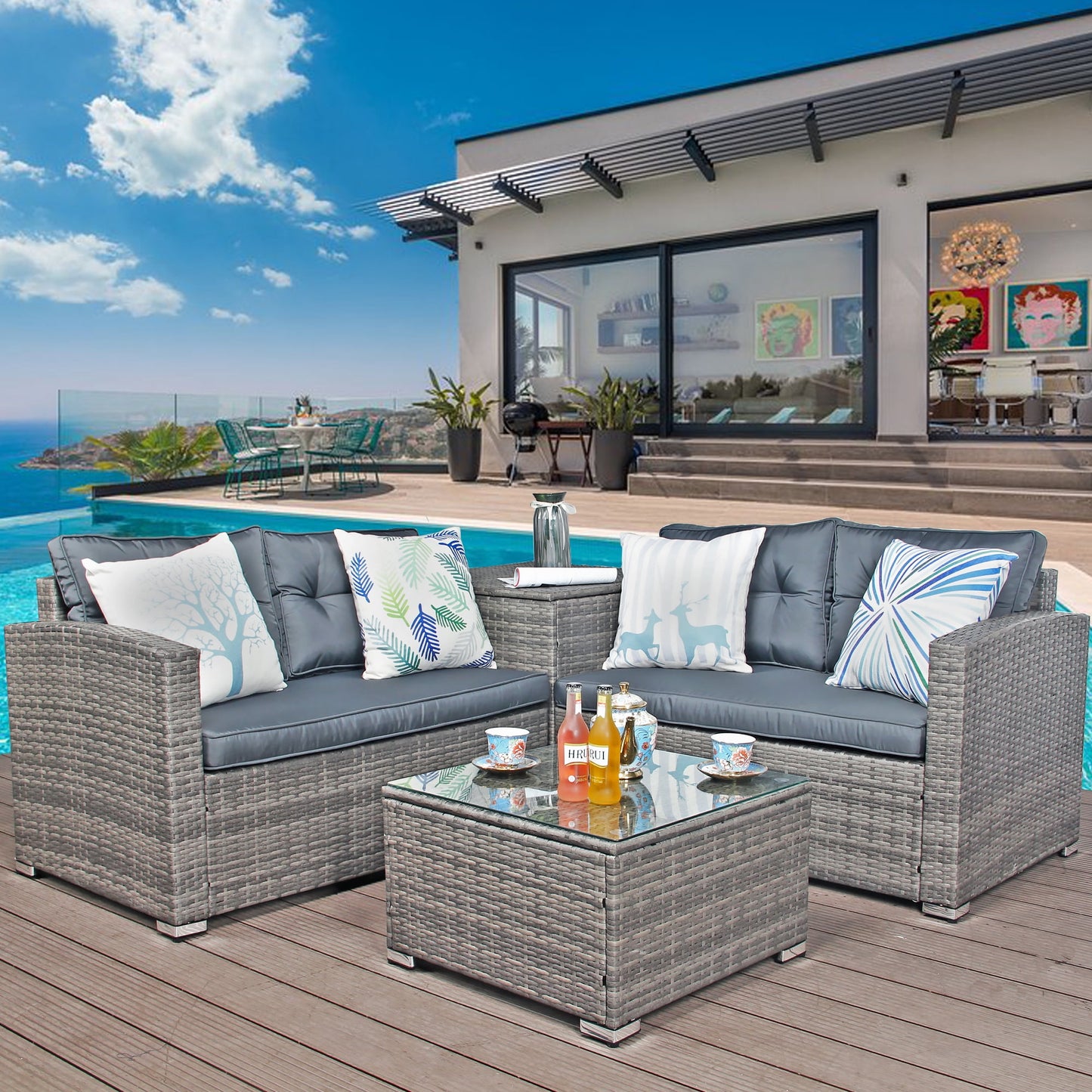 4 Piece Wicker Patio Sofa Set, PE Rattan Outdoor Sectional Sofa Set with Loveseat, Coffee Table and Storage Box, Outdoor Furniture Patio Conversation Sets for Garden Deck Porch Backyard