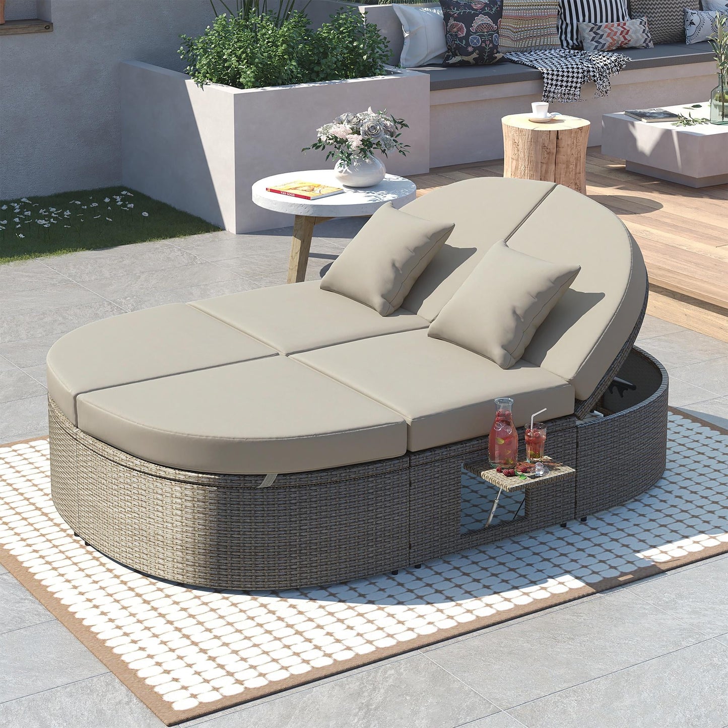 Outdoor Double Chaise Lounge, Patio Sunbed Conversation Set with Adjustable Sofa and Foldable Cup Trays, Wicker Furniture Patio Seating Set