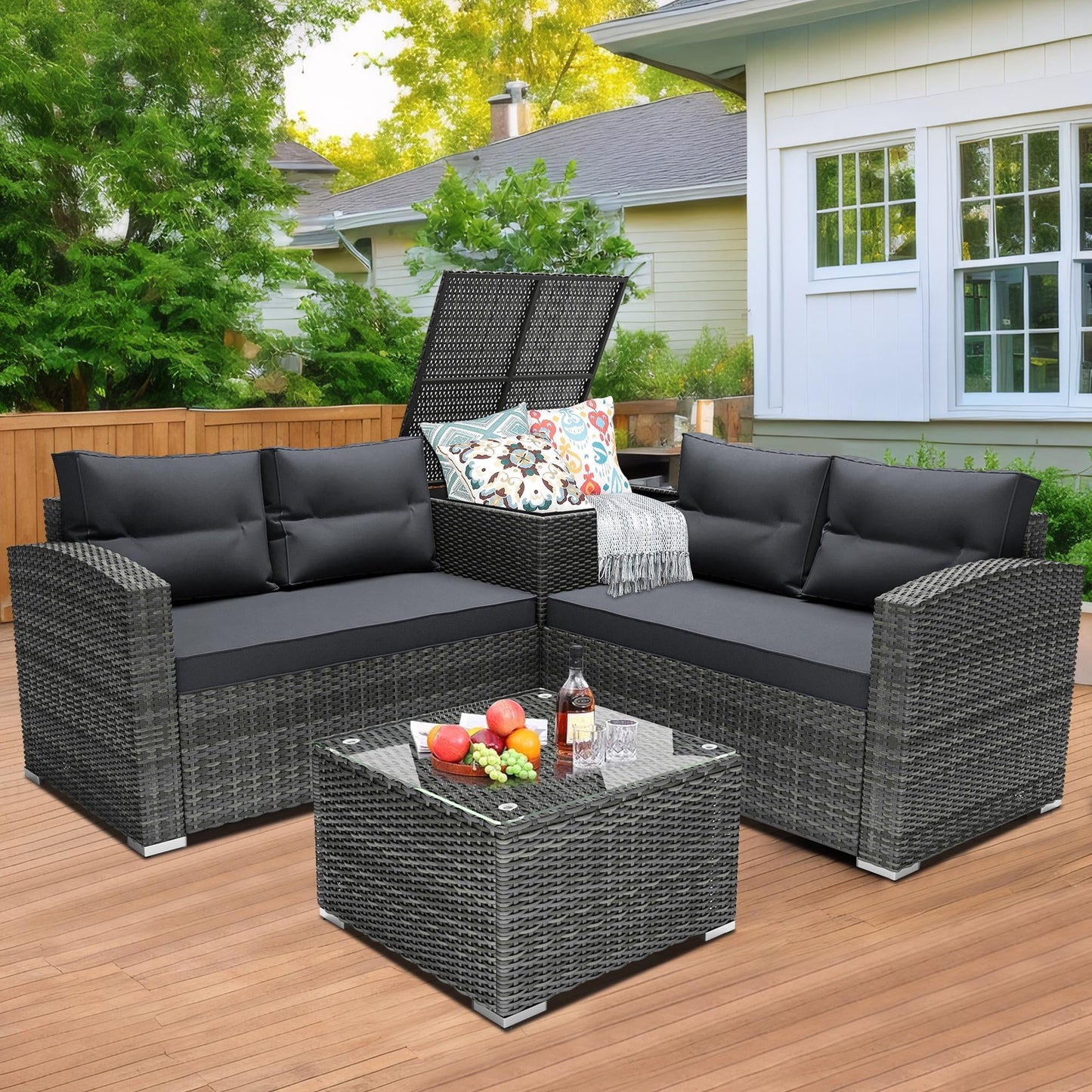 4 Piece Wicker Patio Sofa Set, PE Rattan Outdoor Sectional Sofa Set with Loveseat, Coffee Table and Storage Box, Outdoor Furniture Patio Conversation Sets for Garden Deck Porch Backyard