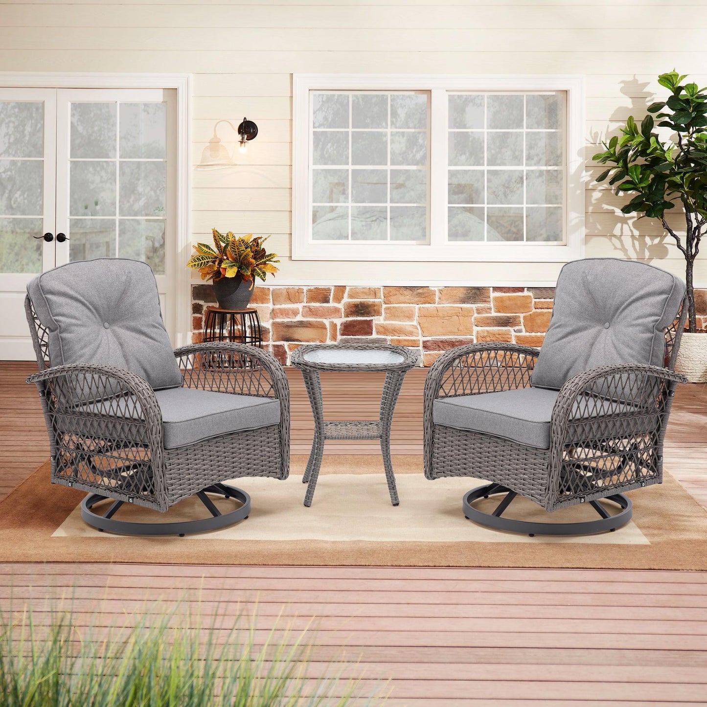 Swivel Patio Chairs Set, 3 Pieces Outdoor Swivel Gliders Rocker Furniture Set with Side Table, 360° Rocking Patio Conversation Set for Porch Poolside Backyard