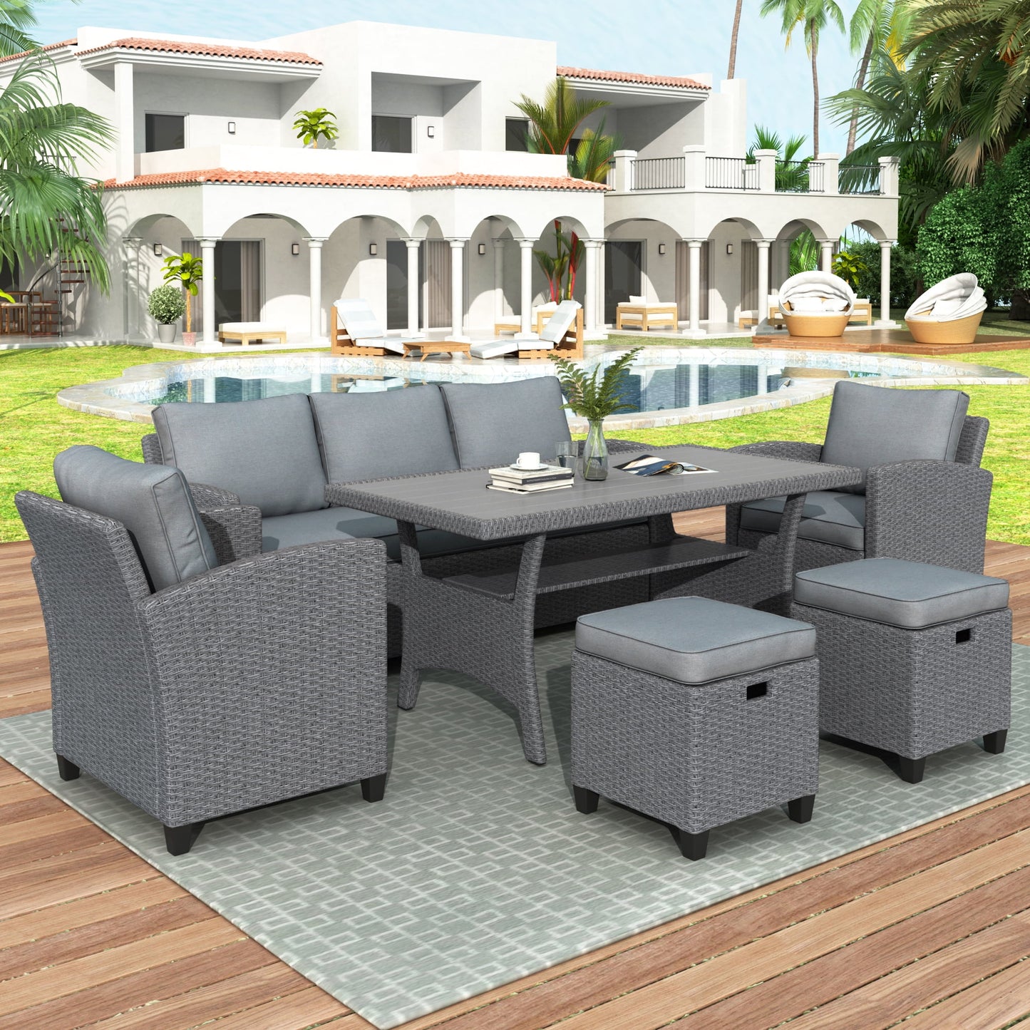 Outdoor Furniture Conversation Set, 6 Pieces Outdoor Sectional Sofa with Dining Table and Stools, All Weather Brown Rattan Patio Dining Set for Backyard, Garden, Poolside