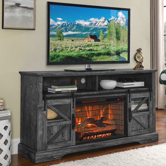 60" Electric Fireplace TV Console, Wood TV Stand with 26 Inch Fireplace Insert for TVs Up to 70", Gray Color Living Room Bedroom TV Stand Storage Cabinet