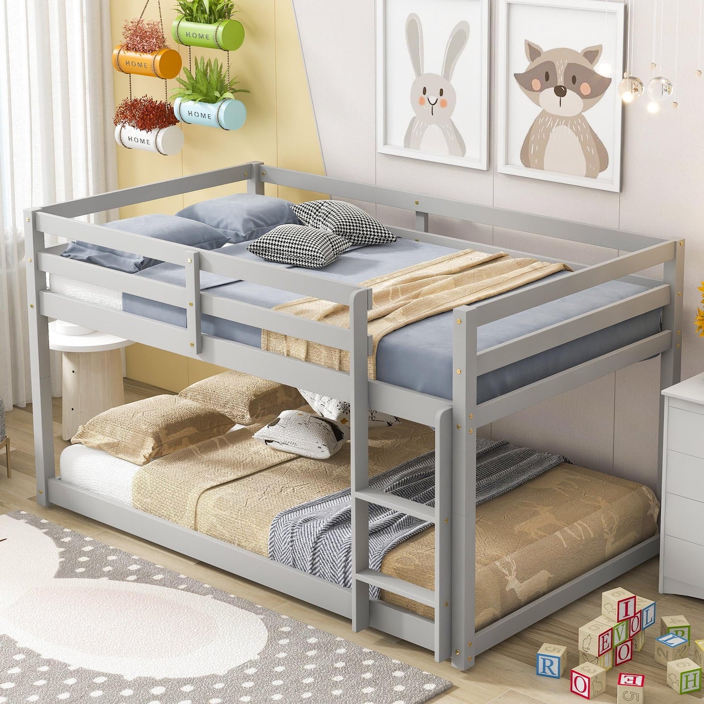 Floor Bunk Bed for Kid, Wood Bunk Beds with Ladder and Full Guardrail for Boys Girls Toddlers, White Twin Over Twin Bunk Bed, Kids Floor Bunk Bed for Home Children’s Room, Easy to Assemble