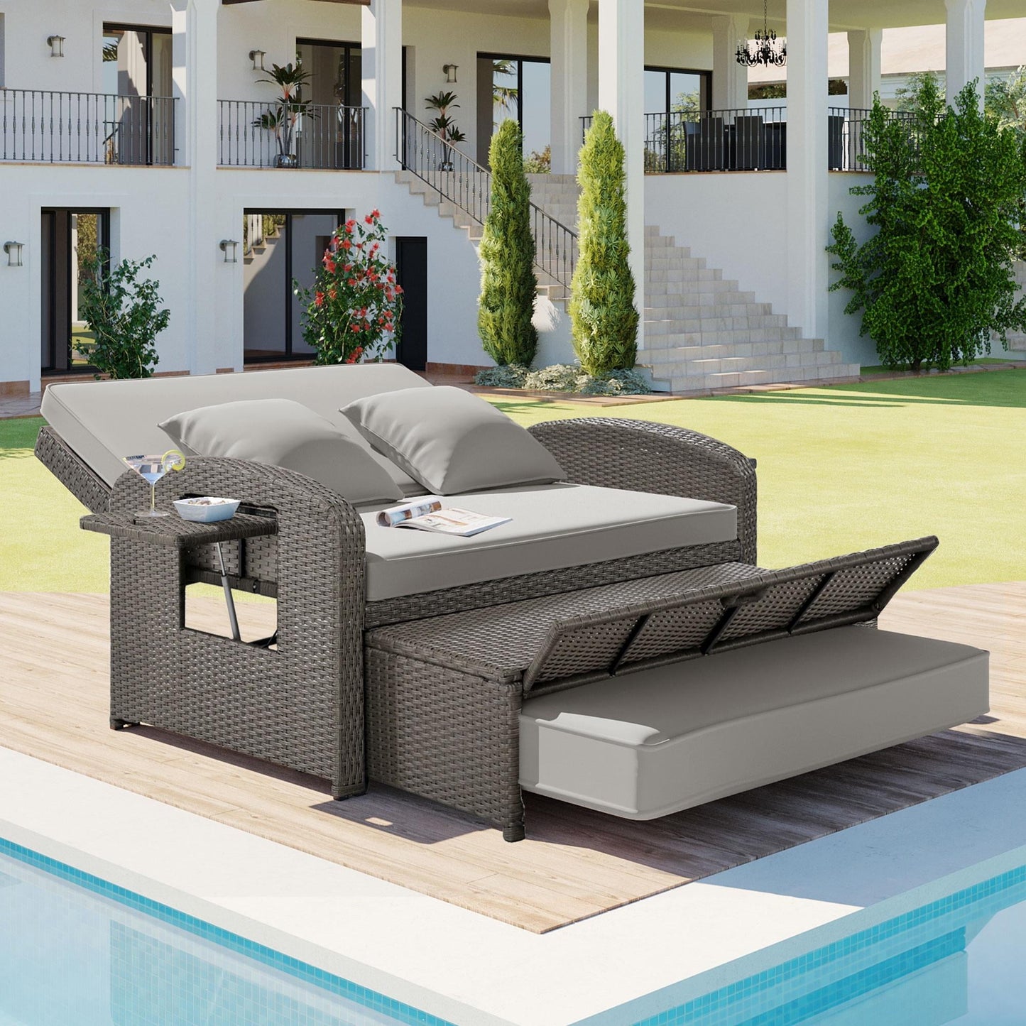 Rattan Double Chaise Lounge, 2-Person Reclining Outdoor Daybed with Adjustable Back, Cushions and Furniture Cover, Wicker Furniture,Patio Seating Set for Backyard Poolside Deck