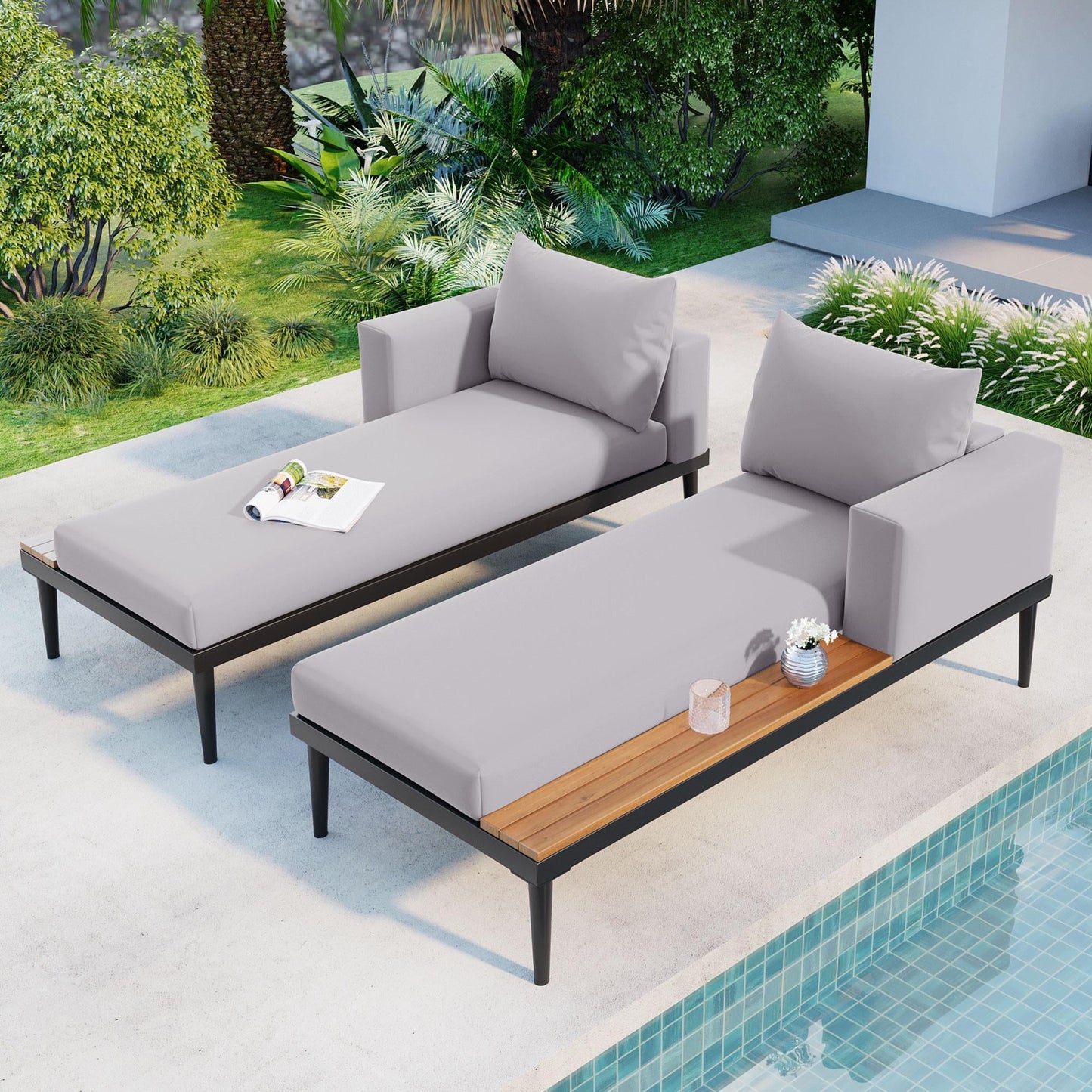 Metal Outdoor Daybed, 2 in 1 Padded Double Chaise Lounge Set with Wood Topped Side Spaces, Patio Sunbed Seating Set