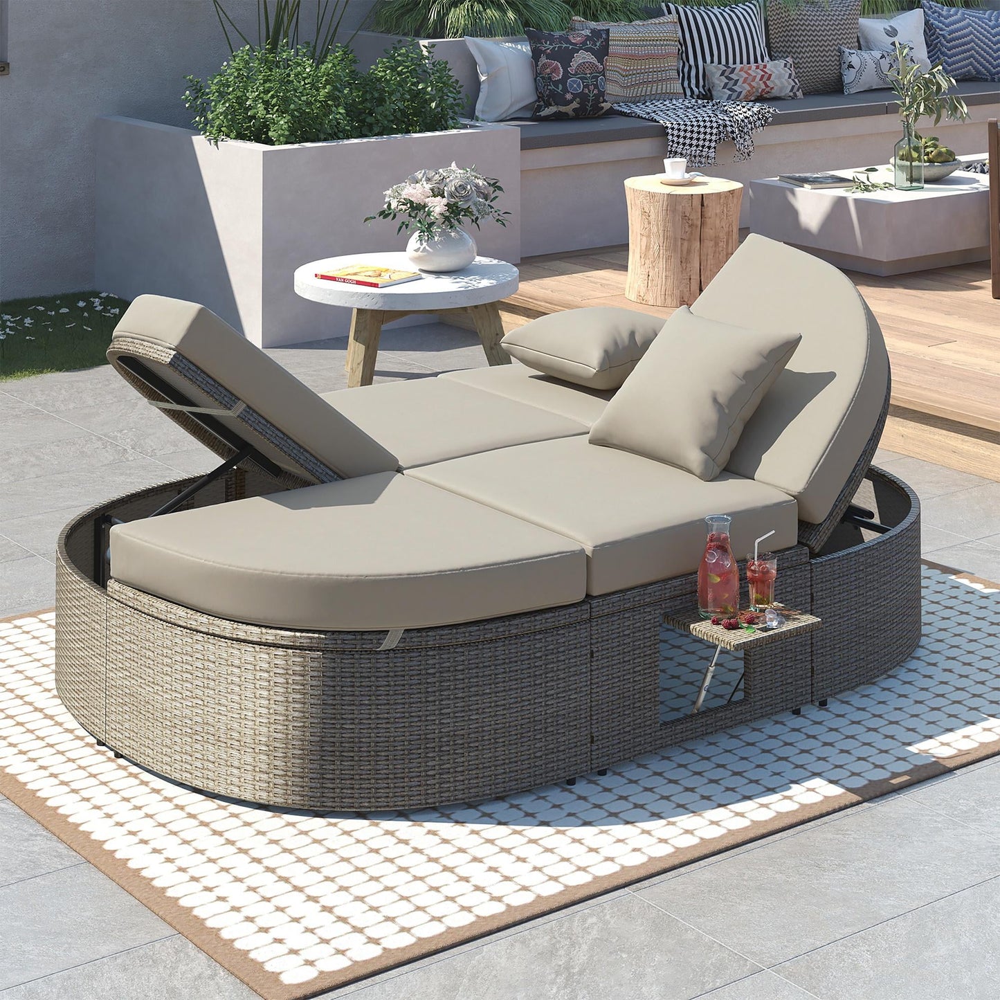 Outdoor Double Chaise Lounge, Patio Sunbed Conversation Set with Adjustable Sofa and Foldable Cup Trays, Wicker Furniture Patio Seating Set