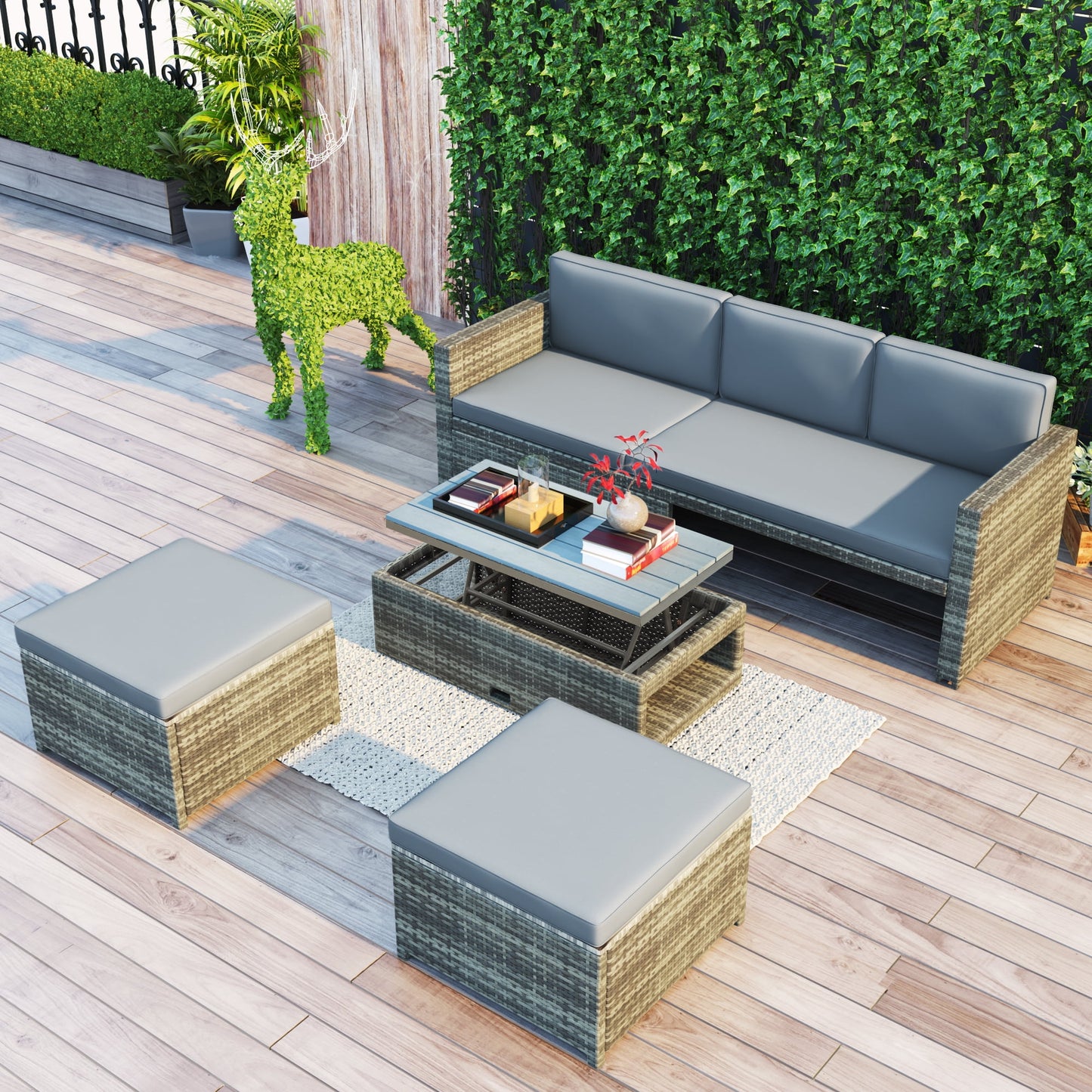 Rattan Patio Sectional Sofa, 9 PCS Outdoor Couch Sets with Ottoman and Table, Gray Wicker Patio Furniture for Backyard Deck Poolside