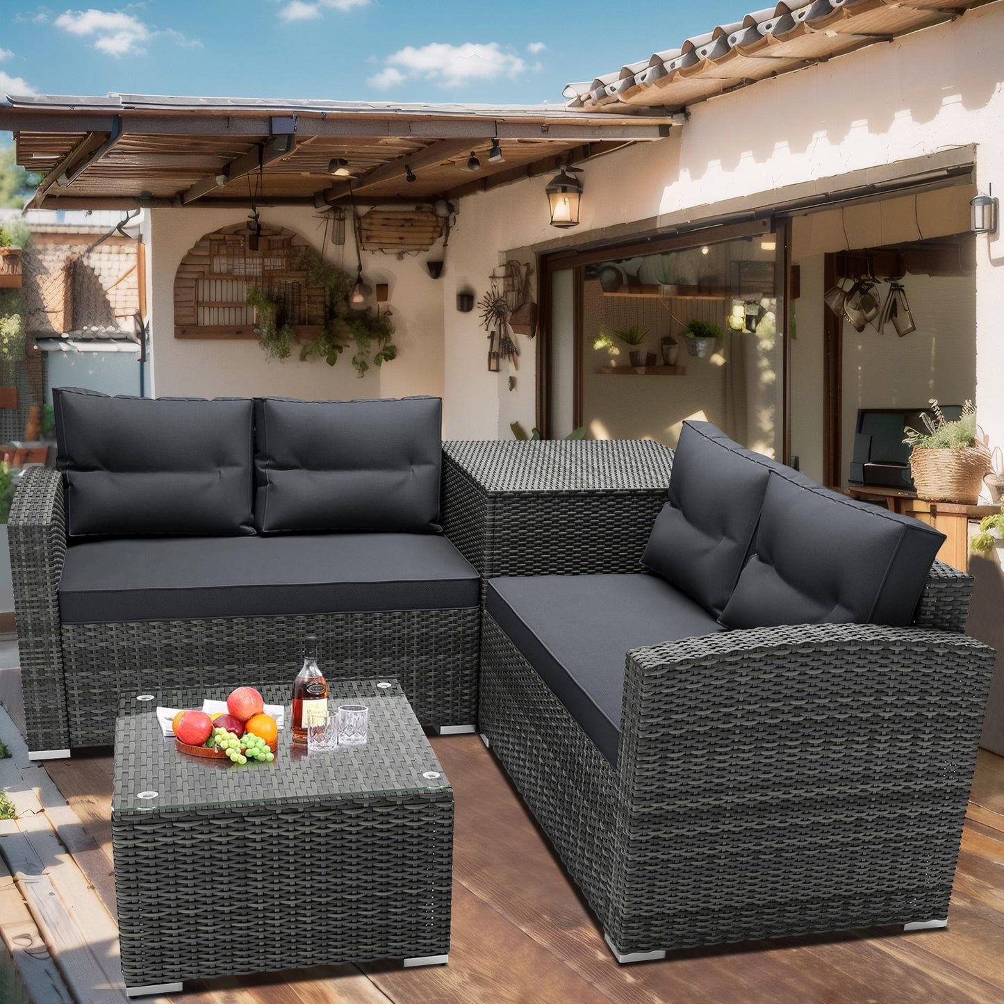 4 Piece Wicker Patio Sofa Set, PE Rattan Outdoor Sectional Sofa Set with Loveseat, Coffee Table and Storage Box, Outdoor Furniture Patio Conversation Sets for Garden Deck Porch Backyard