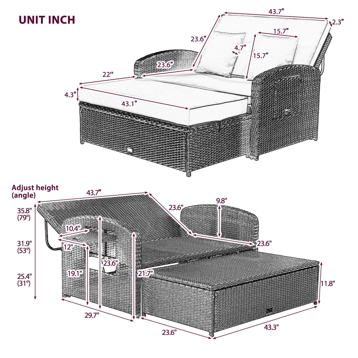 Rattan Double Chaise Lounge, 2-Person Reclining Outdoor Daybed with Adjustable Back, Cushions and Furniture Cover, Wicker Furniture,Patio Seating Set for Backyard Poolside Deck