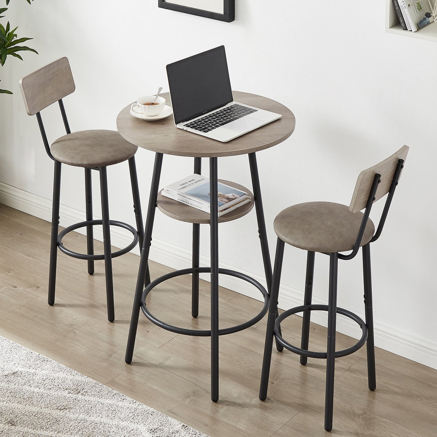 Dining Table Set for 2, Wood Kitchen Table Set with 2 PU Cushion Chairs, Saving Space Bar Bistro Countertop Height Dine Table, Modern Small Pub Table and Chairs Set