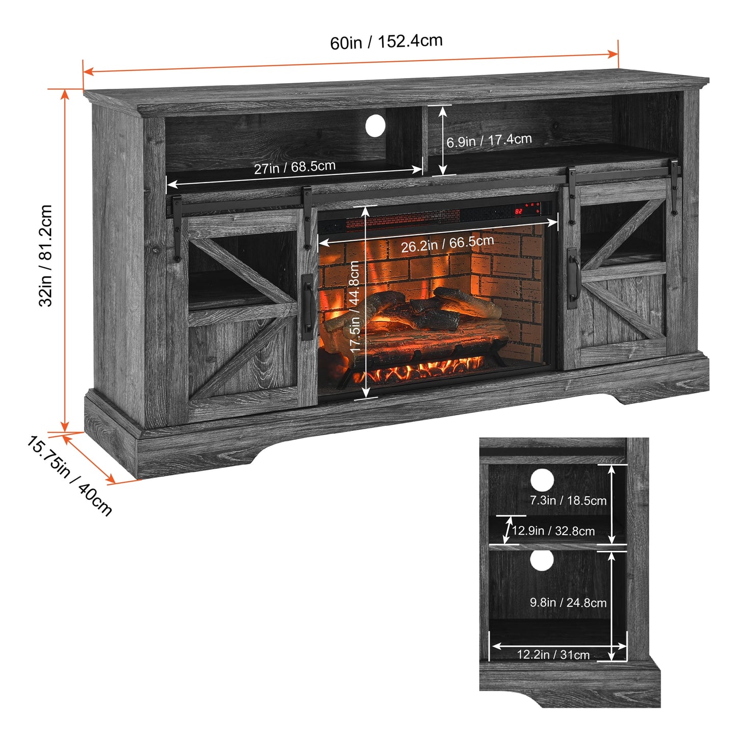 Gray Electric Fireplace Heater TV Stand for TVs Up to 70", 60 Inch TV Cabinet, Rustic Wood Fake Fireplace Entertainment Center for Living Room Bedroom