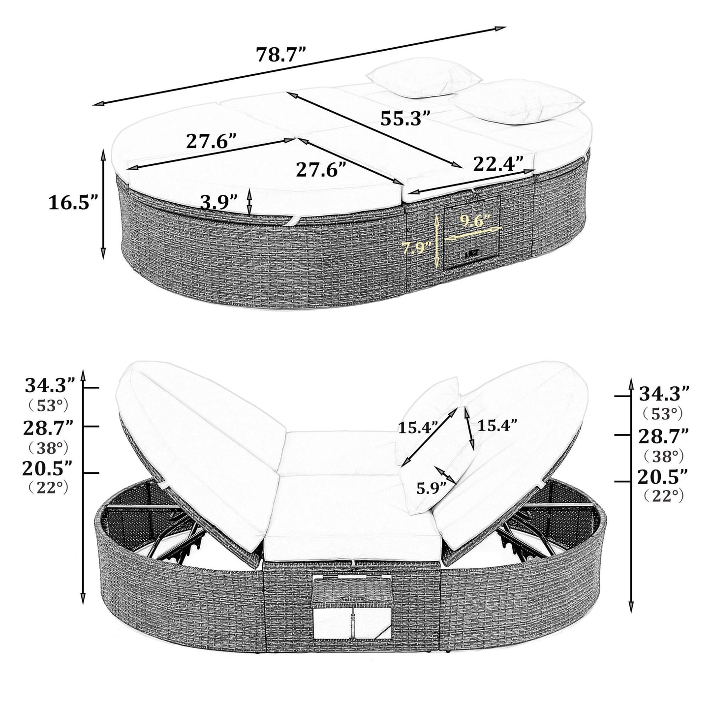 Outdoor Double Chaise Lounge, Patio Sunbed Conversation Set with Adjustable Sofa and Foldable Cup Trays, Wicker Furniture Patio Seating Set