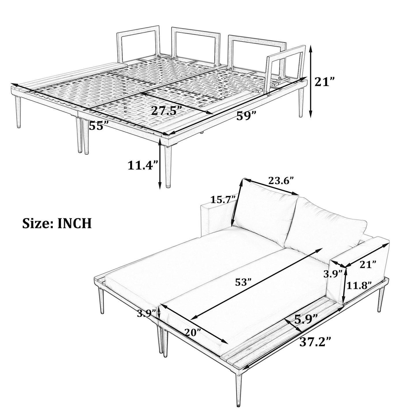 Metal Outdoor Daybed, 2 in 1 Padded Double Chaise Lounge Set with Wood Topped Side Spaces, Patio Sunbed Seating Set