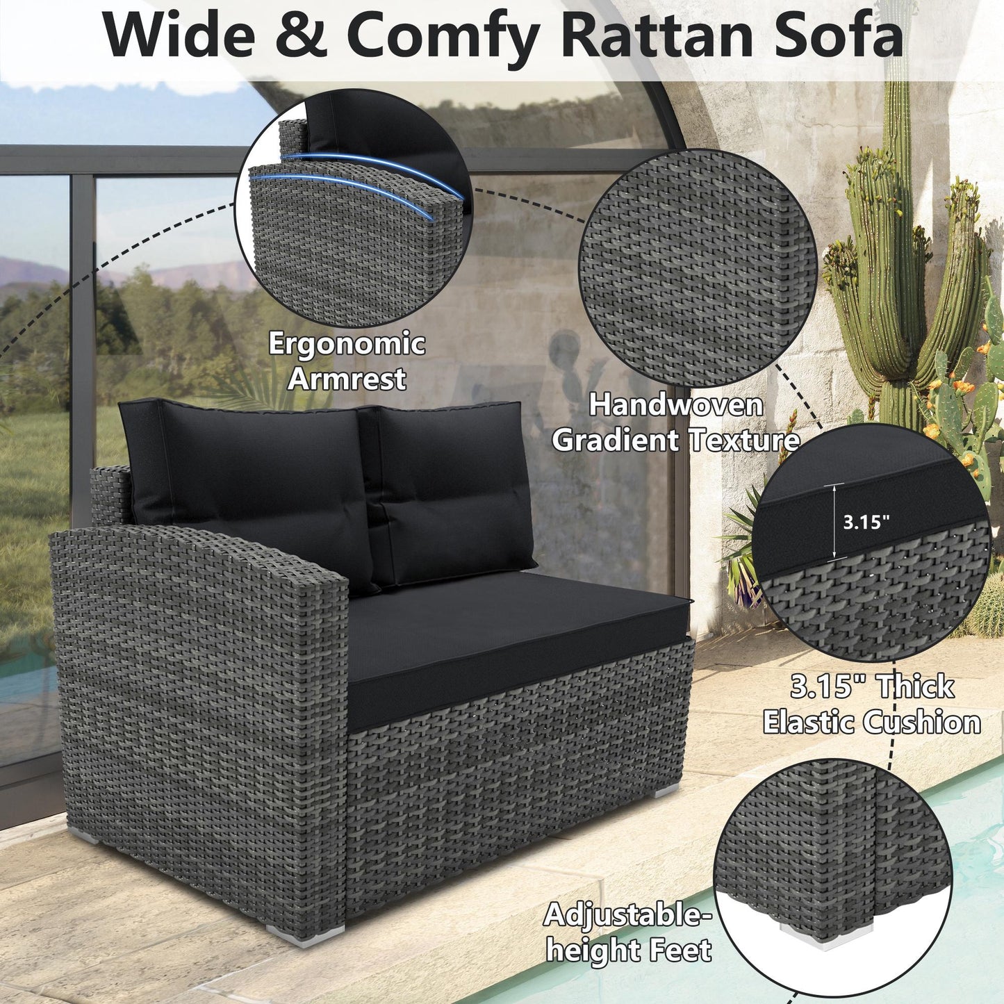 4 Piece Wicker Patio Sofa Set, PE Rattan Outdoor Sectional Sofa Set with Loveseat, Coffee Table and Storage Box, Outdoor Furniture Patio Conversation Sets for Garden Deck Porch Backyard