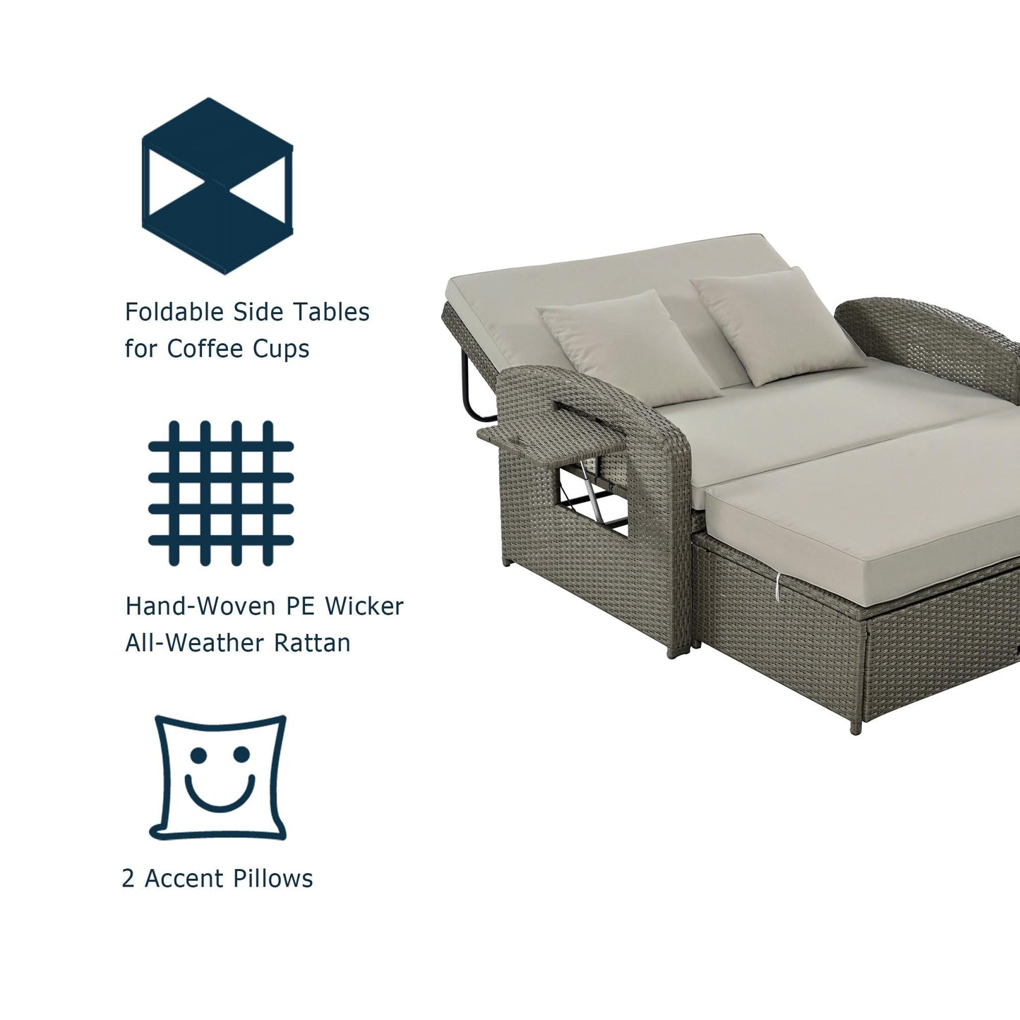 Rattan Double Chaise Lounge, 2-Person Reclining Outdoor Daybed with Adjustable Back, Cushions and Furniture Cover, Wicker Furniture,Patio Seating Set for Backyard Poolside Deck