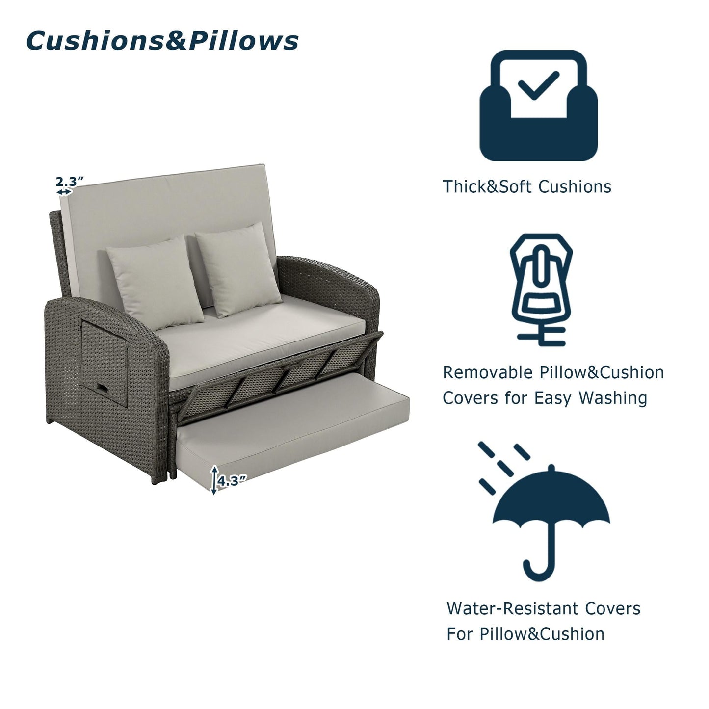 Rattan Double Chaise Lounge, 2-Person Reclining Outdoor Daybed with Adjustable Back, Cushions and Furniture Cover, Wicker Furniture,Patio Seating Set for Backyard Poolside Deck