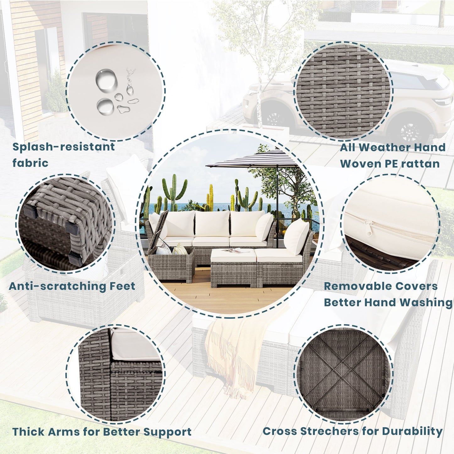 Gray Rattan Outdoor Conversation Set, SESSLIFE 6-Piece Sectional Sofa Set with Sofa, Chairs and Ottomans, Patio Couches Sets for Porch Garden Balcony