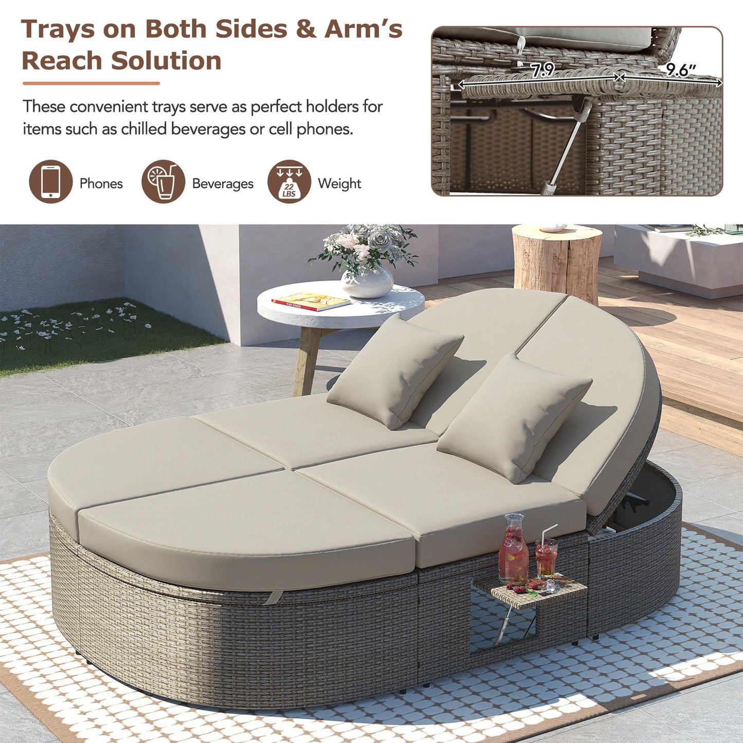 Outdoor Double Chaise Lounge, Patio Sunbed Conversation Set with Adjustable Sofa and Foldable Cup Trays, Wicker Furniture Patio Seating Set