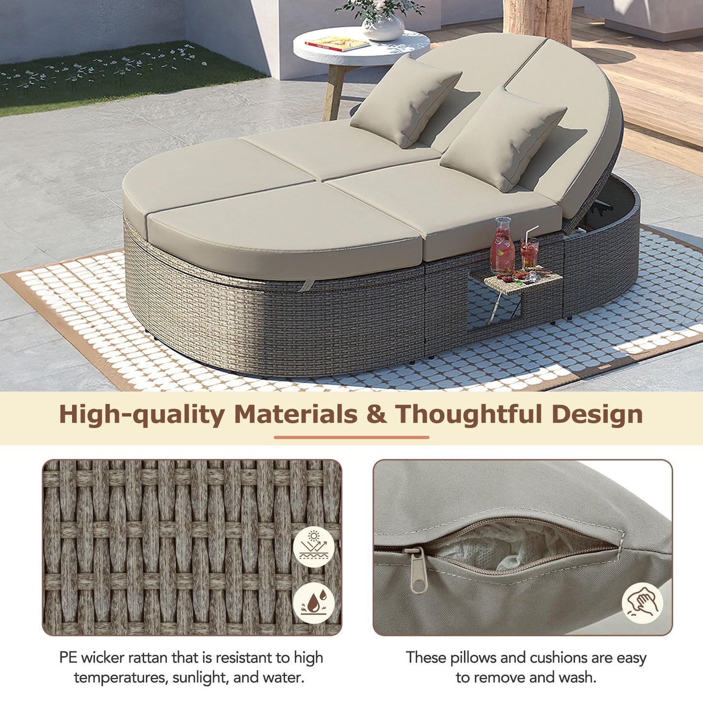 Outdoor Double Chaise Lounge, Patio Sunbed Conversation Set with Adjustable Sofa and Foldable Cup Trays, Wicker Furniture Patio Seating Set