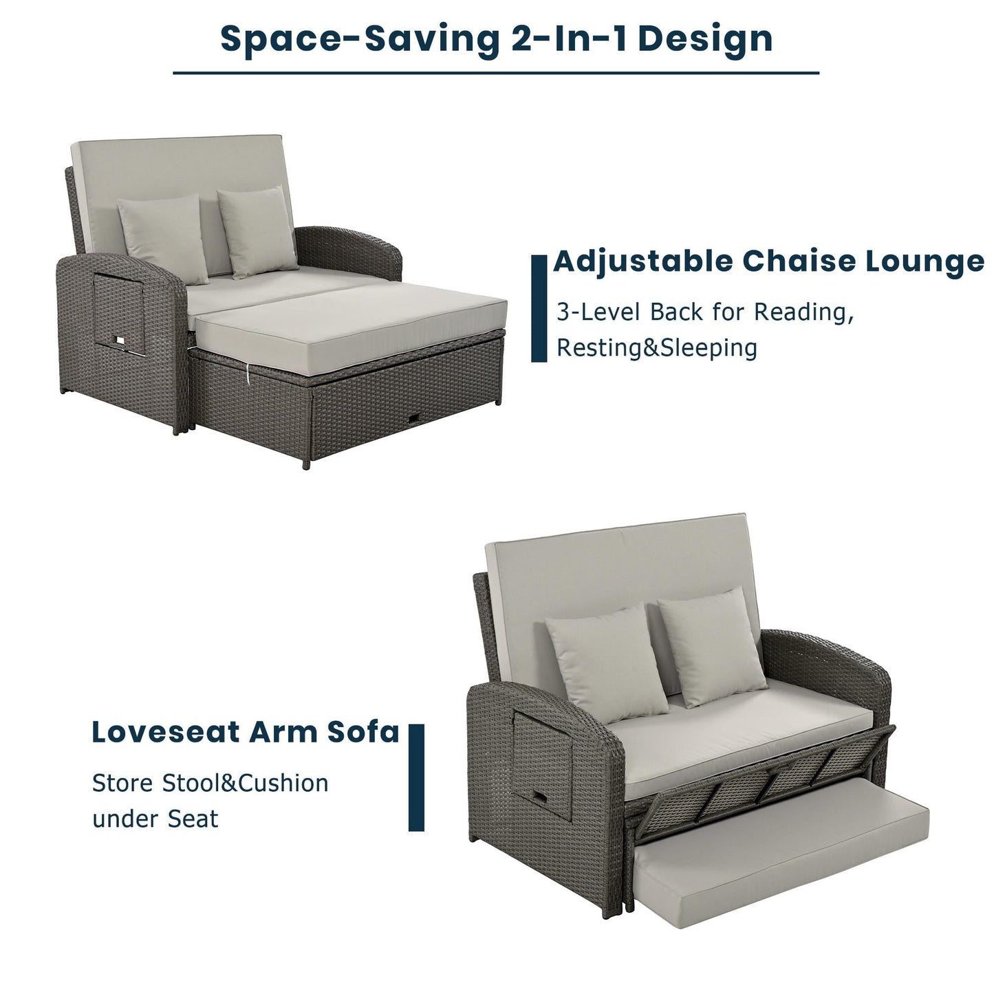 Rattan Double Chaise Lounge, 2-Person Reclining Outdoor Daybed with Adjustable Back, Cushions and Furniture Cover, Wicker Furniture,Patio Seating Set for Backyard Poolside Deck