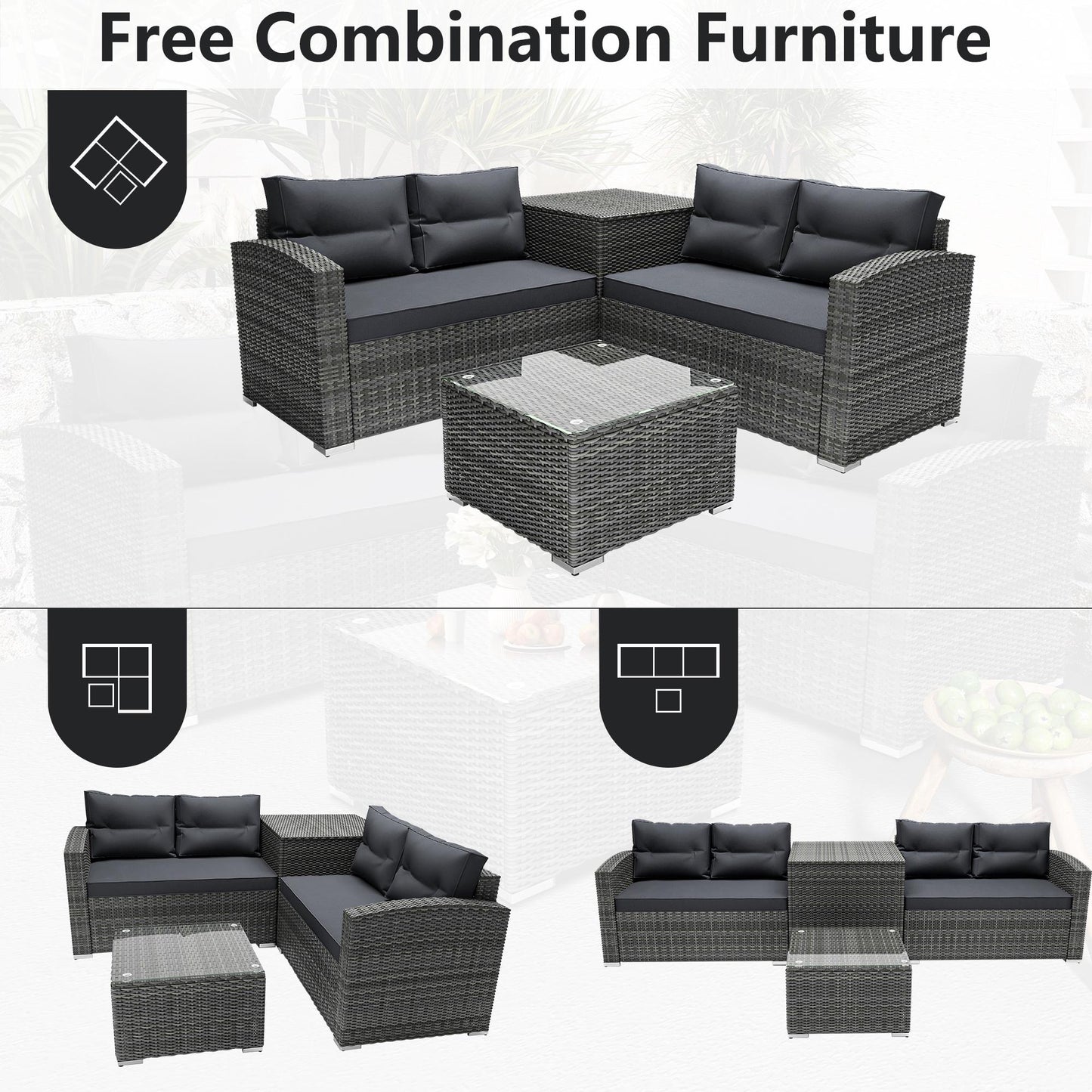 4 Piece Wicker Patio Sofa Set, PE Rattan Outdoor Sectional Sofa Set with Loveseat, Coffee Table and Storage Box, Outdoor Furniture Patio Conversation Sets for Garden Deck Porch Backyard