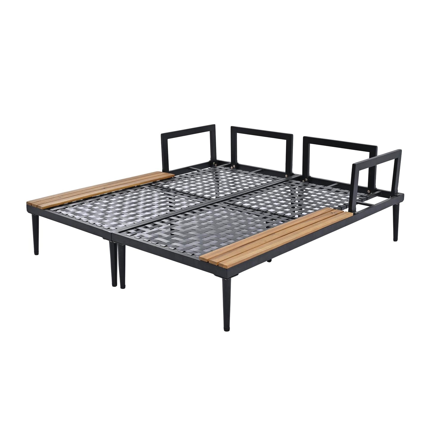 Metal Outdoor Daybed, 2 in 1 Padded Double Chaise Lounge Set with Wood Topped Side Spaces, Patio Sunbed Seating Set