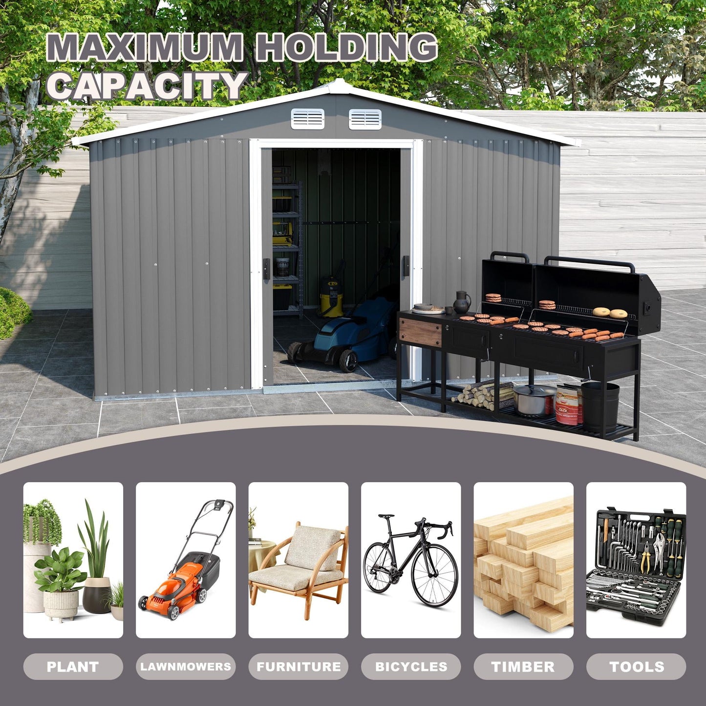 Metal Outdoor Storage Shed, 12' x 10' Large Sheds and Outdoor Storage House with Lockable Door, Garden Storage Shed Pet House for Lawnmower, Garden Tools, Bike, Garage,