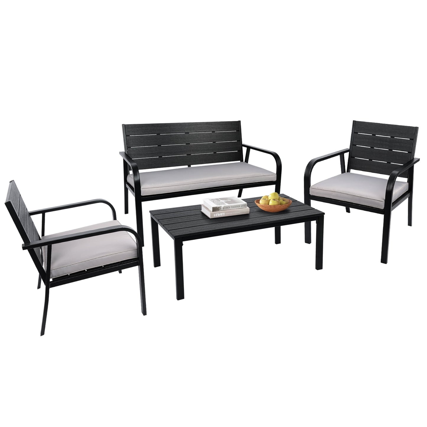 Outdoor Furniture Patio Conversation Set, 4 Pcs Patio Bistro Set with Loveseat and Double-Tier Tea Table, Front Porch Backyard Deck Garden Furniture Set