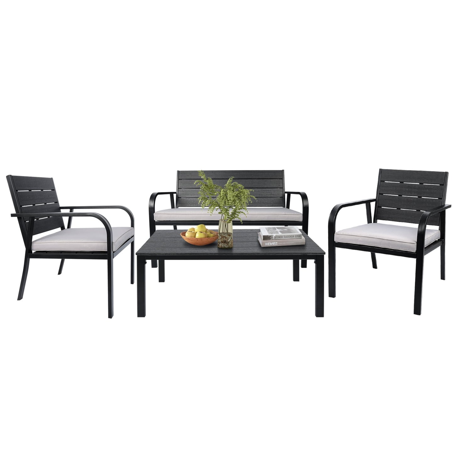 Outdoor Furniture Patio Conversation Set, 4 Pcs Patio Bistro Set with Loveseat and Double-Tier Tea Table, Front Porch Backyard Deck Garden Furniture Set