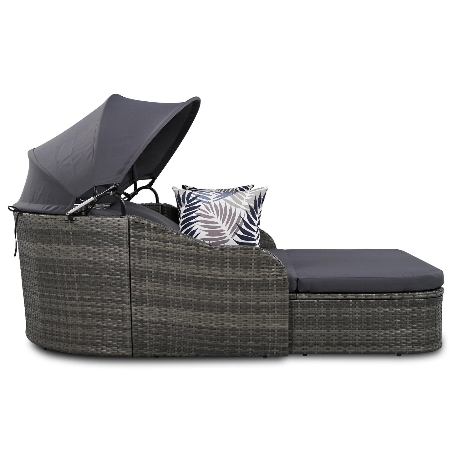 Rattan Daybed with Canopy, Outdoor Double Chaise Lounge Sofa, Wicker Furniture Outdoor Sunbed Patio Seating Set with Cushions for Backyard Poolside Deck