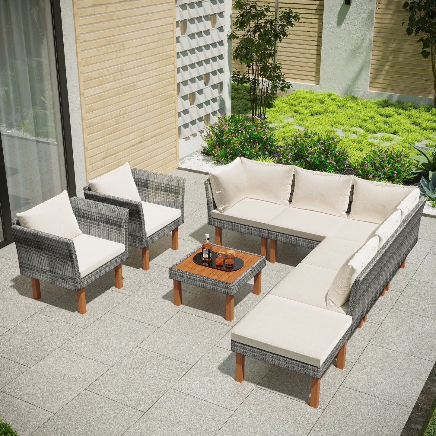 Rattan Patio Sectional Sofa, 9 PCS Outdoor Couch Sets with Ottoman and Table, Gray Wicker Patio Furniture for Backyard Deck Poolside