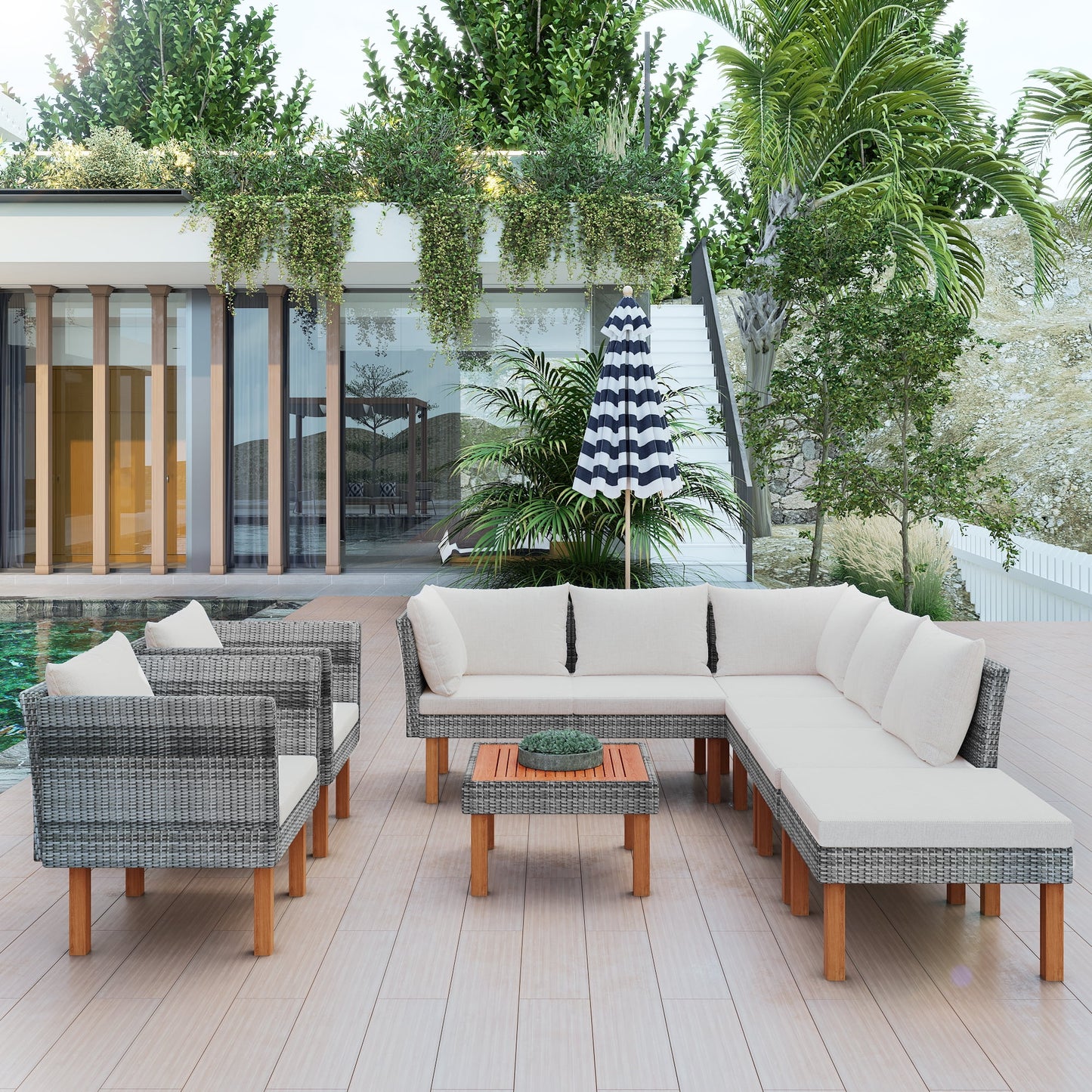 Rattan Patio Sectional Sofa, 9 PCS Outdoor Couch Sets with Ottoman and Table, Gray Wicker Patio Furniture for Backyard Deck Poolside
