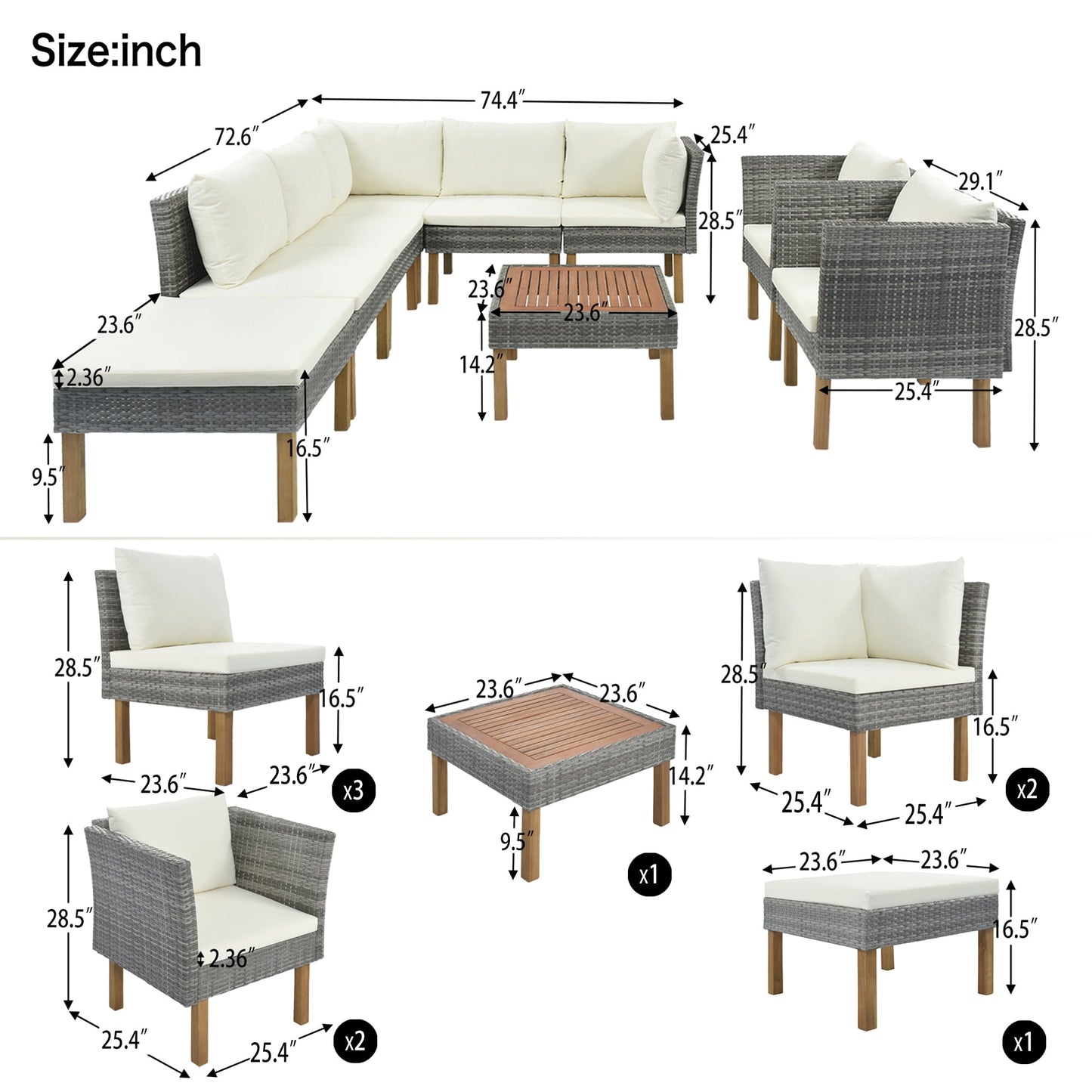 Rattan Patio Sectional Sofa, 9 PCS Outdoor Couch Sets with Ottoman and Table, Gray Wicker Patio Furniture for Backyard Deck Poolside