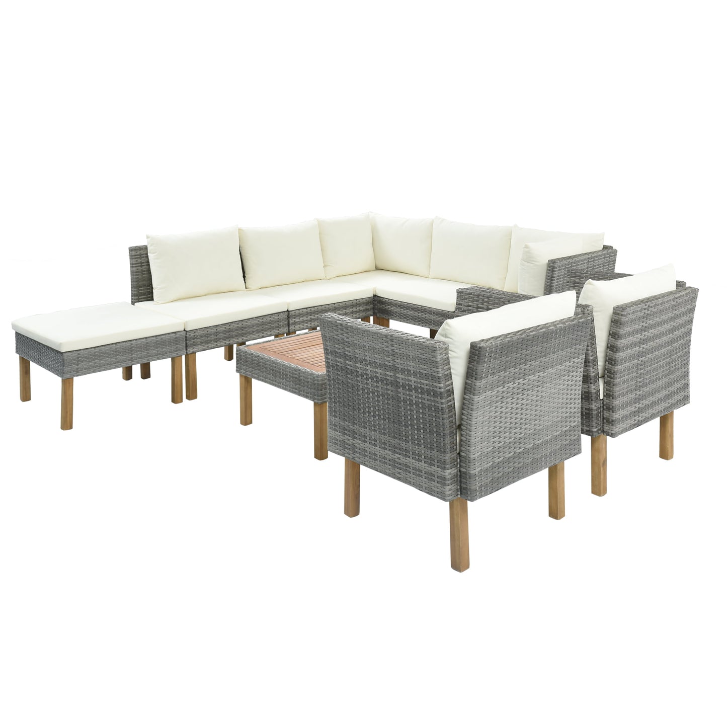 Rattan Patio Sectional Sofa, 9 PCS Outdoor Couch Sets with Ottoman and Table, Gray Wicker Patio Furniture for Backyard Deck Poolside