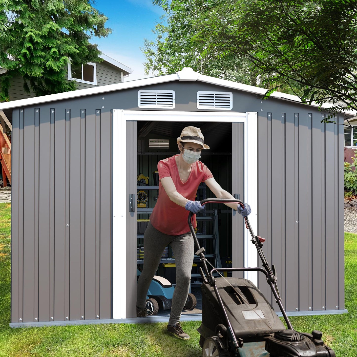 10' x 8' Metal Outdoor Storage Shed, Large Sheds and Outdoor Storage House with Lockable Door, Garden Storage Shed Pet House for Lawnmower, Garden Tools, Bike, Garage