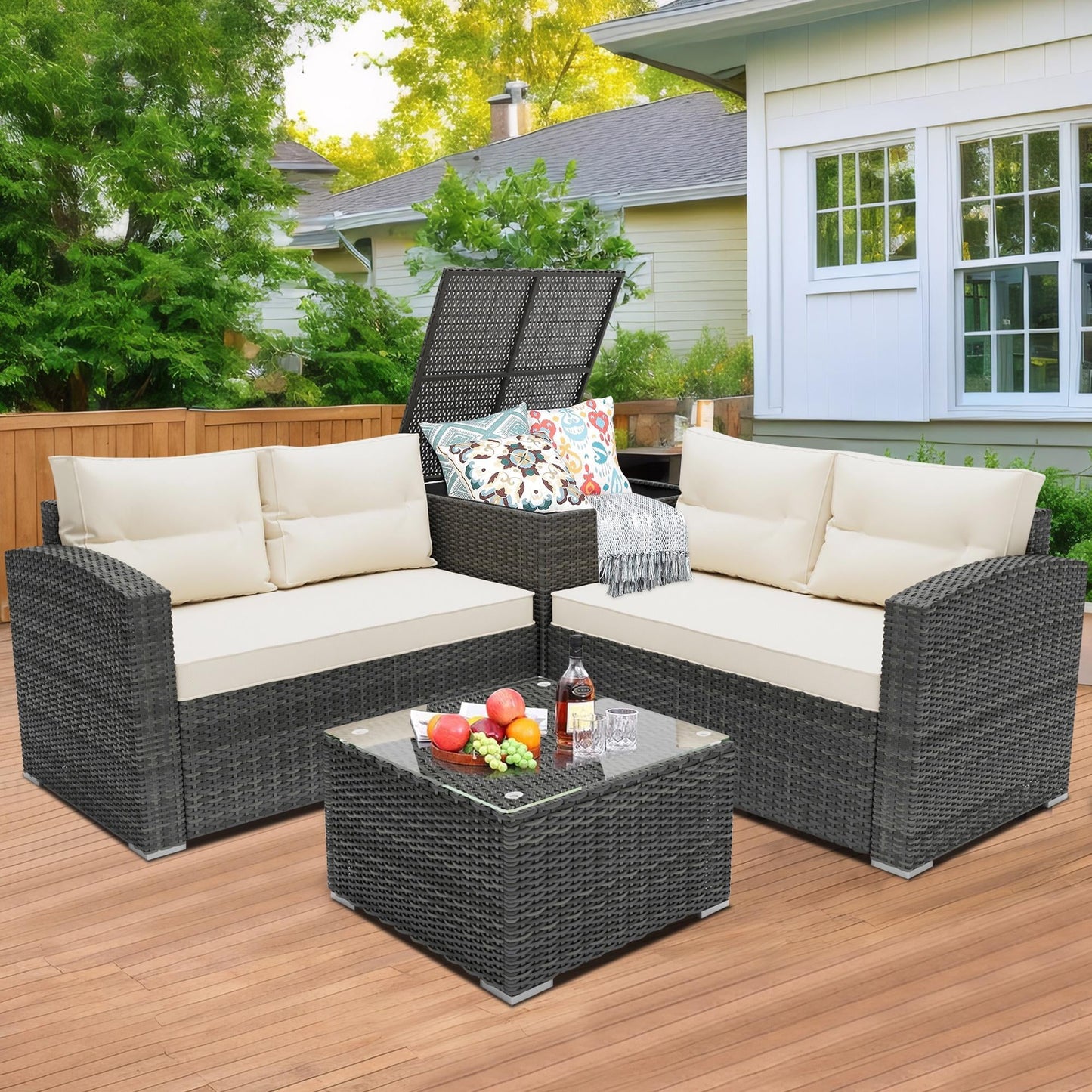 4 Piece Wicker Patio Sofa Set, PE Rattan Outdoor Sectional Sofa Set with Loveseat, Coffee Table and Storage Box, Outdoor Furniture Patio Conversation Sets for Garden Deck Porch Backyard