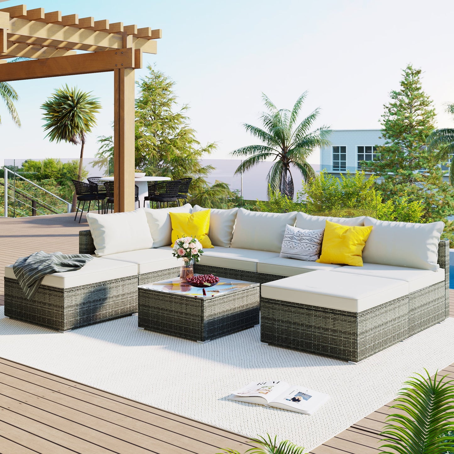 Rattan Patio Sectional Sofa, 9 PCS Outdoor Couch Sets with Ottoman and Table, Gray Wicker Patio Furniture for Backyard Deck Poolside