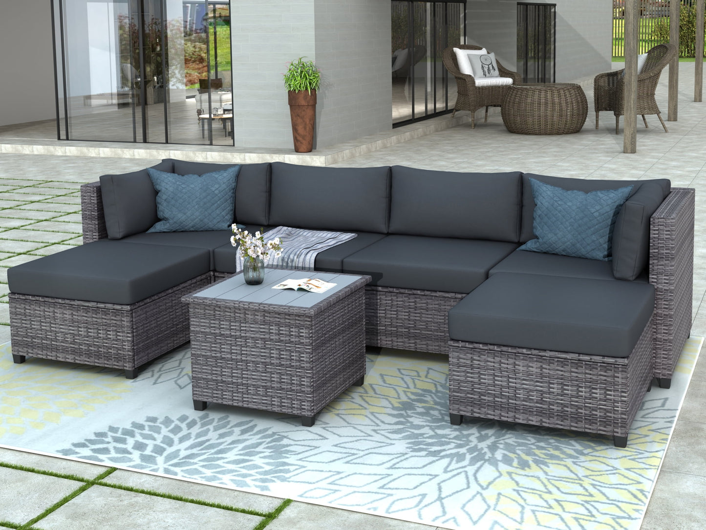 7 Pcs Patio Couch Sets, Black Rattan Outdoor Sectional Furniture with Navy Blue Cushions and Coffee Table, Patio Seating Sets for Garden Deck Backyard