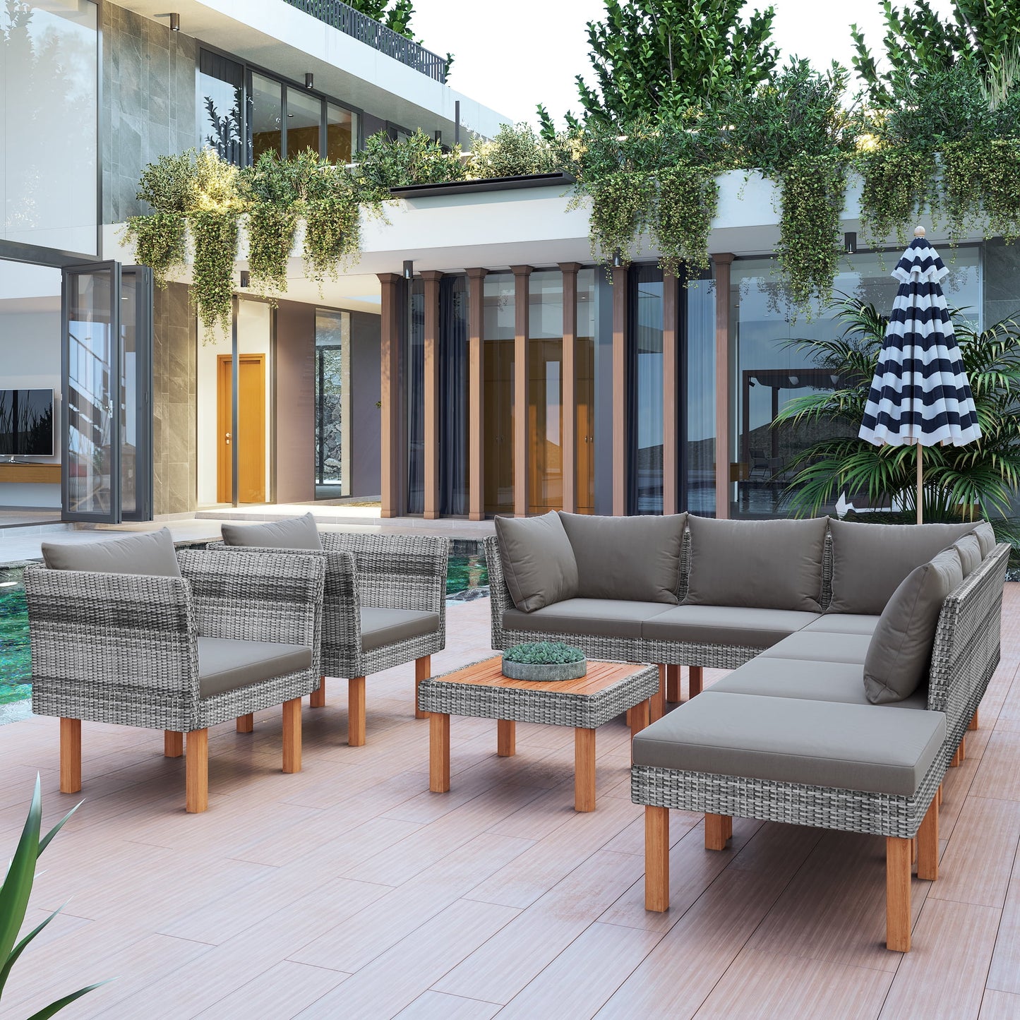 Rattan Patio Sectional Sofa, 9 PCS Outdoor Couch Sets with Ottoman and Table, Gray Wicker Patio Furniture for Backyard Deck Poolside