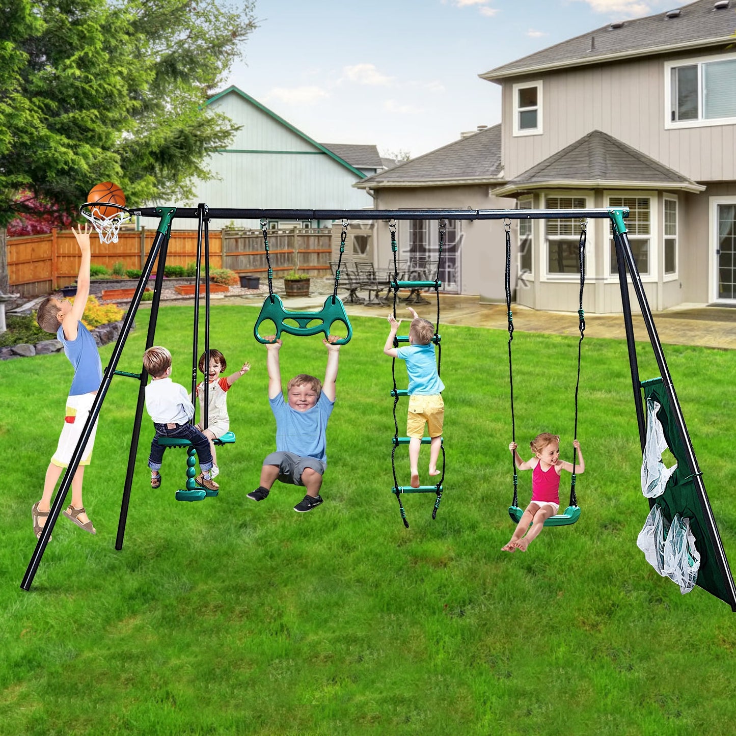 Outdoor Swing Sets for Kids, Kids Swing Frame with Ground Nail, Heavy-Duty Metal Swing, with Teeter-totter, Glider Set, A-Frame Swing Stand, Outdoor Play Equipment Swing Set for 3-8 Year