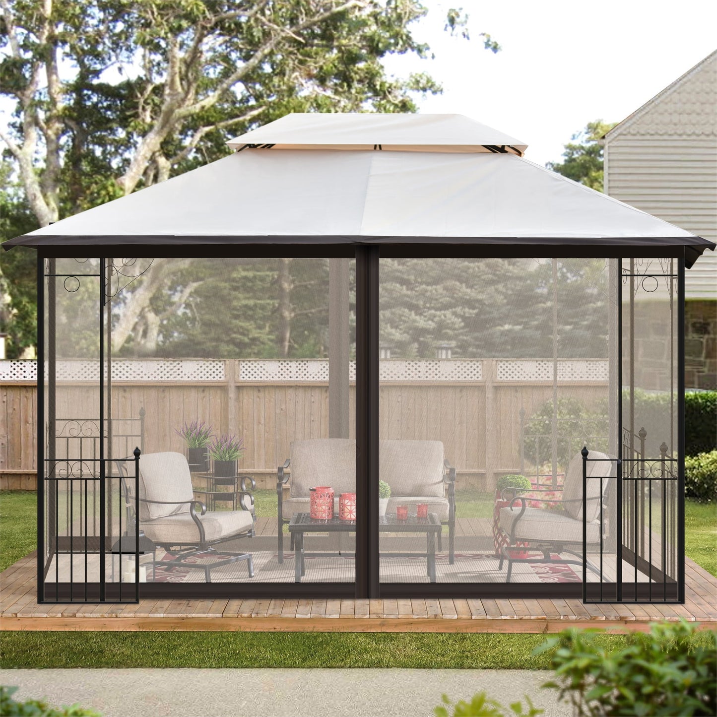 9.8' x 9.8' Gazebos and Canopies, Outdoor Canopy with Mosquito Netting, Brown Pergola Patio Furniture Gazebo for Yard Porch Deck