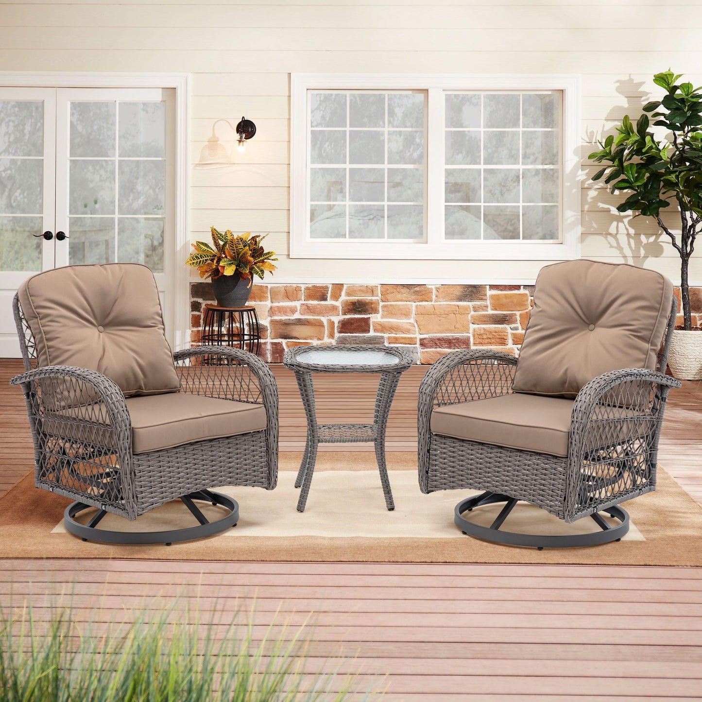 Swivel Patio Chairs Set, 3 Pieces Outdoor Swivel Gliders Rocker Furniture Set with Side Table, 360° Rocking Patio Conversation Set for Porch Poolside Backyard