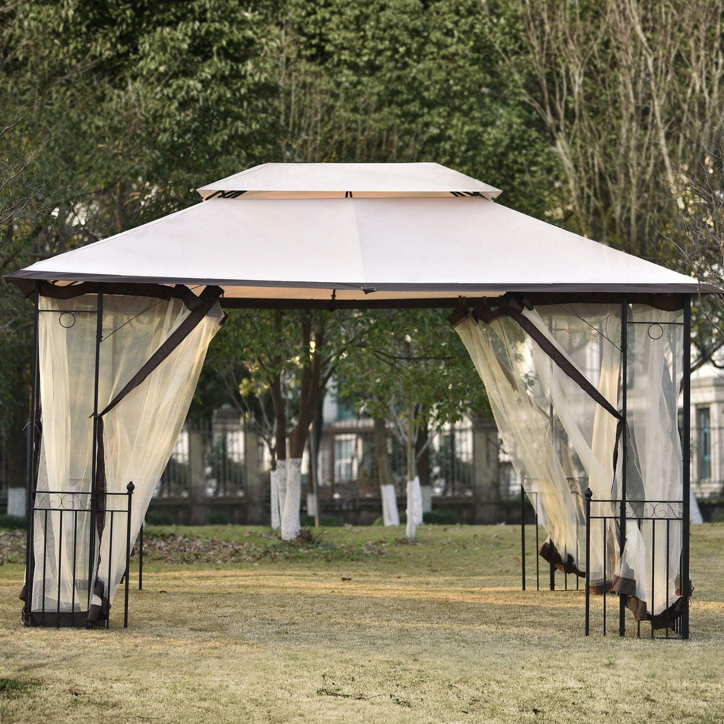 SESSLIFE 10' x 13' Patio Gazebo, Patio Gazebo with Netting and Curtains, Khaki Outdoor Canopy Gazebo for Lawn, Garden, Backyard