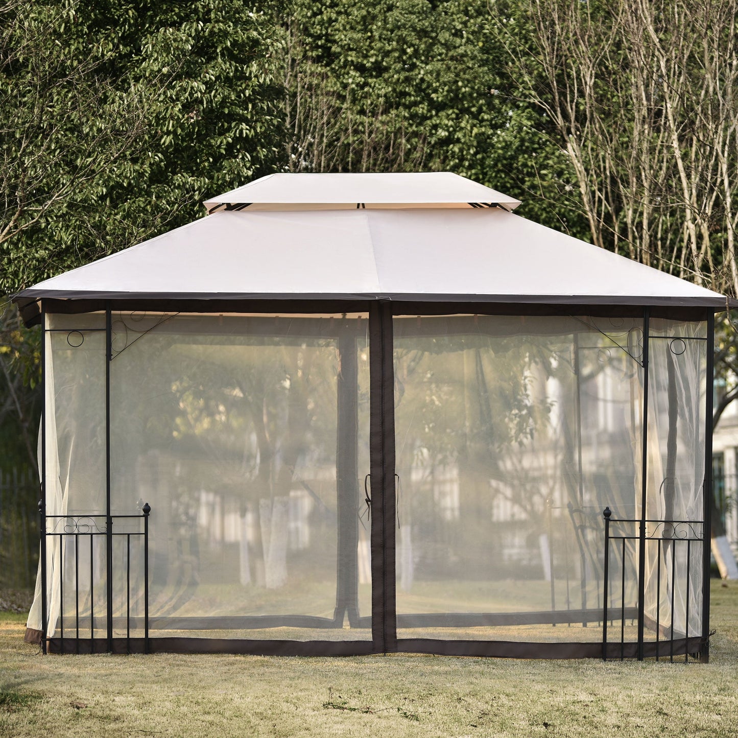 SESSLIFE 10' x 13' Patio Gazebo, Patio Gazebo with Netting and Curtains, Khaki Outdoor Canopy Gazebo for Lawn, Garden, Backyard